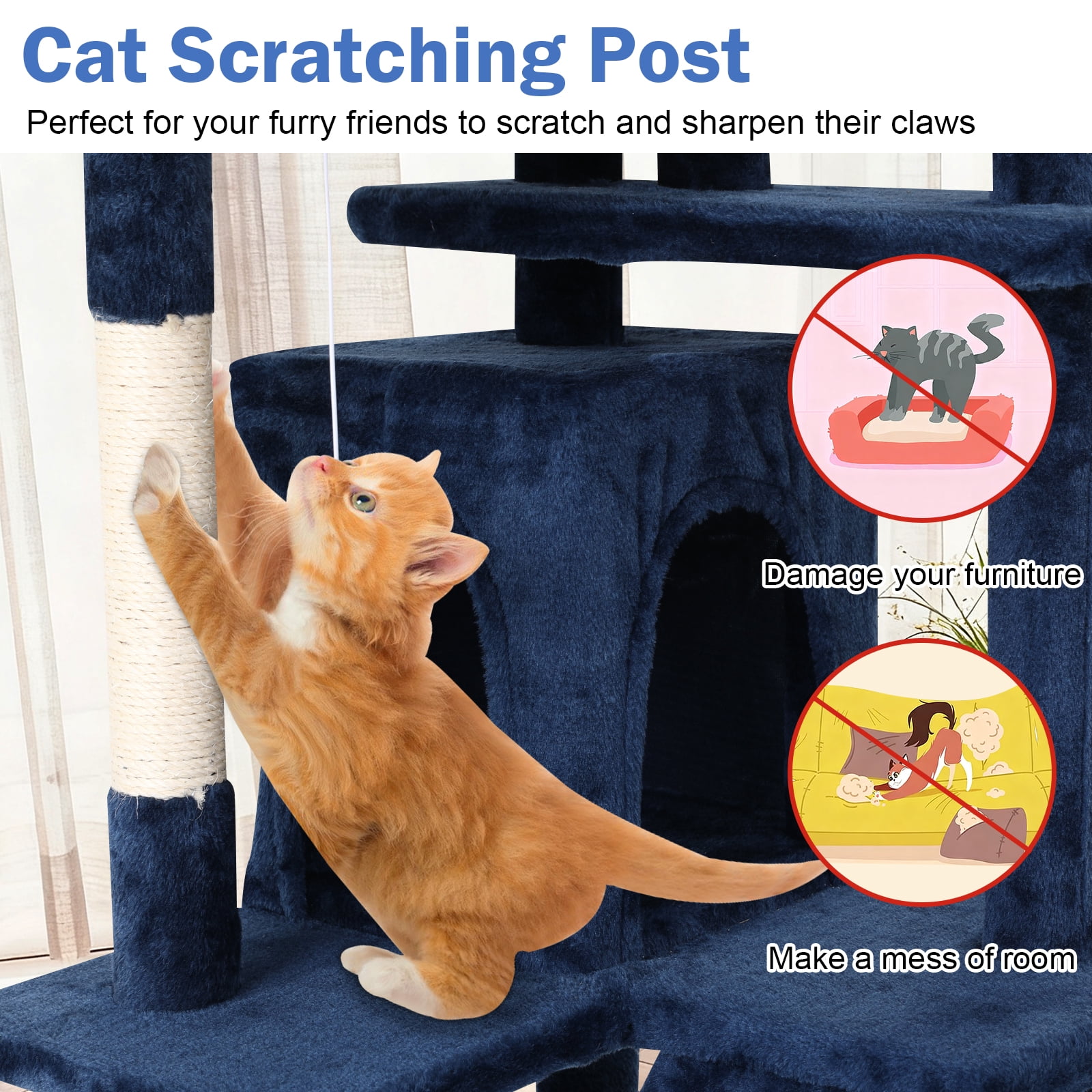 Dkelincs 70" Large Cat Tree Tower Multi-Level Cat Condo Pet Play House with Scratching Post & Hanging Toy for Indoor Cats, Navy Blue