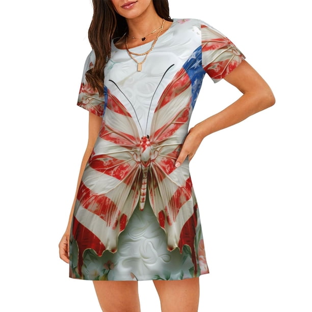 Fotbe Patriotic Butterfly Floral Bata de Dormir para Mujer con Estampado, Camisón de Algodón de Manga Corta, Ropa de Dormir Casual