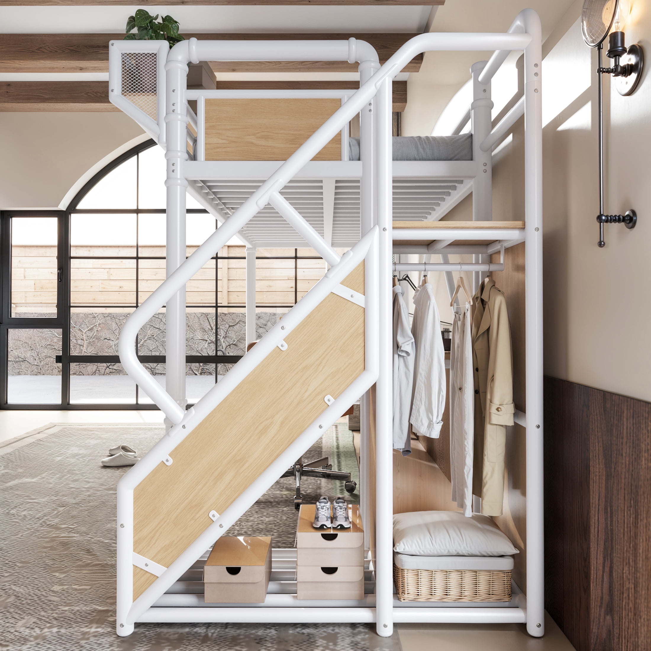 GDF Studio Twin XL Metal Loft Bed with Desk, Power Outlet, LED Light, Storage & Wardrobe, White