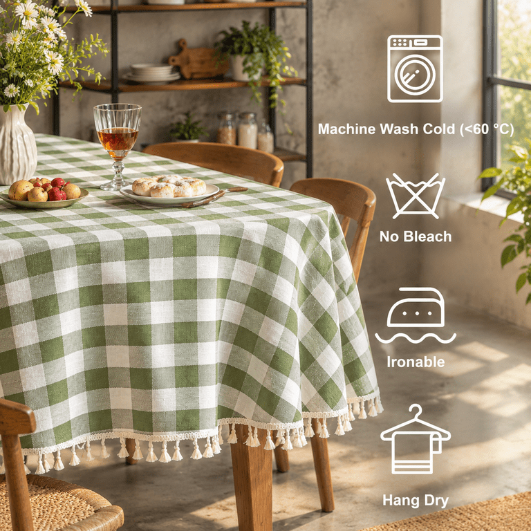 Green Gingham Tablecloth Round 60 Inch Summer Washable Checkered Plaid ...