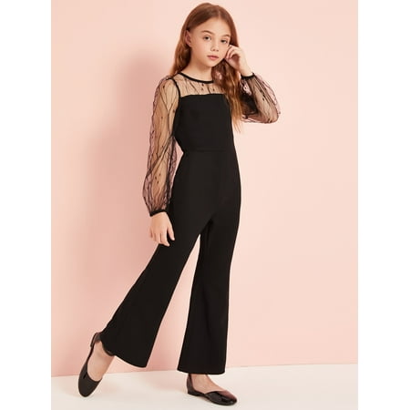 

Long Sleeve Girls Mesh Yoke Flare Leg Jumpsuit S221904X Black 9Y(53IN)