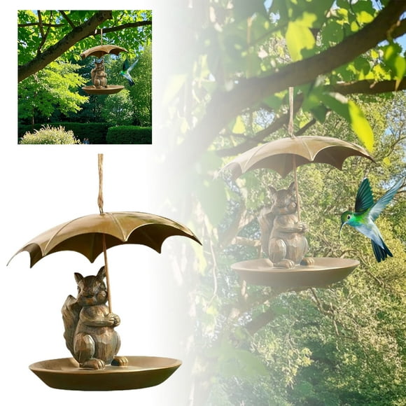 Binwennn Feeders Squirrel Proof Metal Outdoor Water Heater Coil Animal Bird Feeder With Umbrella Cute Squirrel/Cat/Dog Holding Umbrella Design Bird Feeder Metal Hummingbird Feeders For Garden Yard For