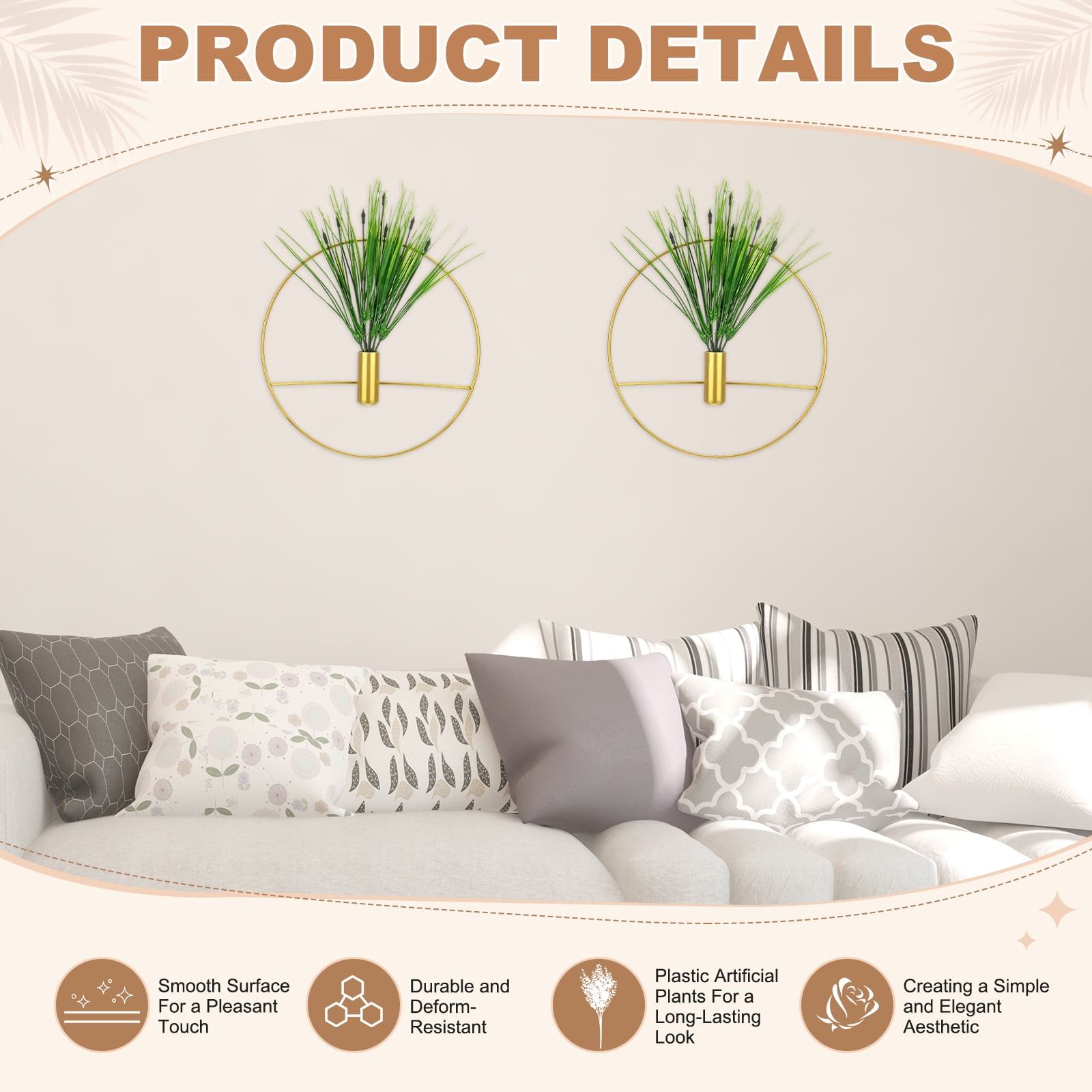 Uxcell 2 Set Plant Wall Decor, Hanging Planters with Artificial Aquatic Plant Metal Hanging Vase Round Shape for Room [Golden]