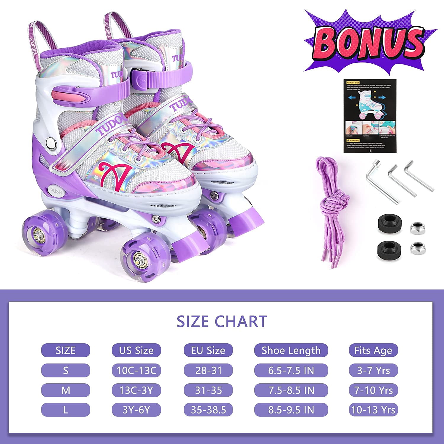 weituo Women's Adjustable Glow-In-The-Dark Roller Skates, Purple