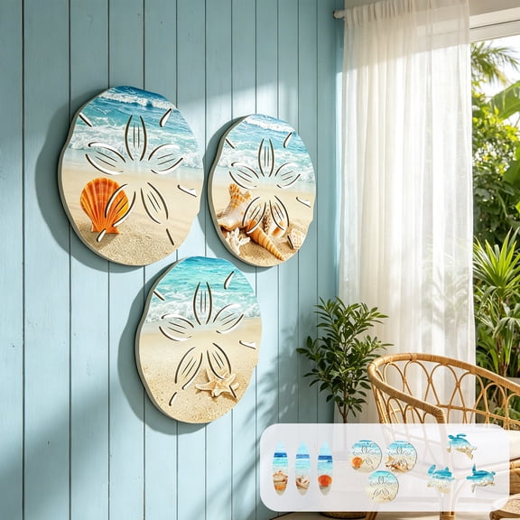 Seyotauo Beach Themed Hanging Ornaments, Rustic Handcrafted Wooden Decor, Wave Seashell Pattern Vintage Art Design, for Summer Holiday Beach House Porch Living Space Party Room Interior Decoration