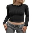 thumbnail image 1 of Women‘s Slim Fit T-Shirt  Solid Long-Sleeve Ribbed  Neck Knit Cropped Tops Black S, 1 of 5