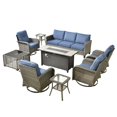 thumbnail image 2 of ODELIO 9-Piece Wicker Patio Furniture Set with Propane Fire Pit Table, Grey PE Rattan Outdoor Conversation Set with Swivel Rocking Chairs & Solar Coffee Table, Denim Blue Cushions, 2 of 10