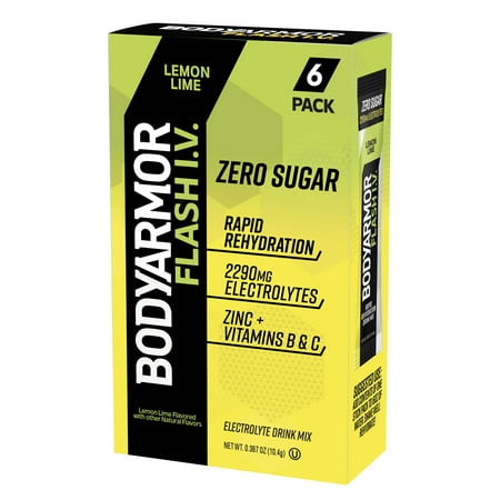 BODYARMOR Flash IV Rapid Rehydration Electrolyte Powder Mix, Lemon Lime, 6pk