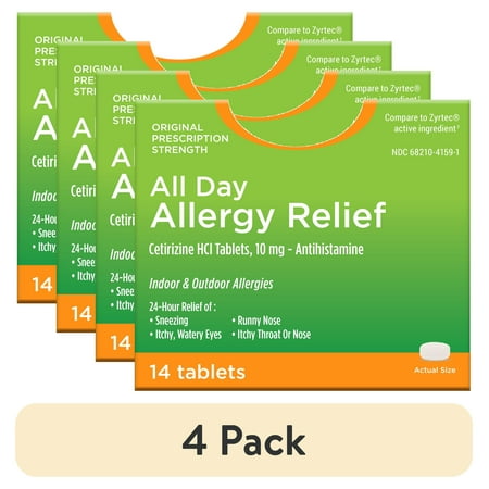 (4 pack) Spirit 360 All Day Allergy Relief, Indoor/Outdoor, 10mg Cetirizine Hcl, 14 Tablets