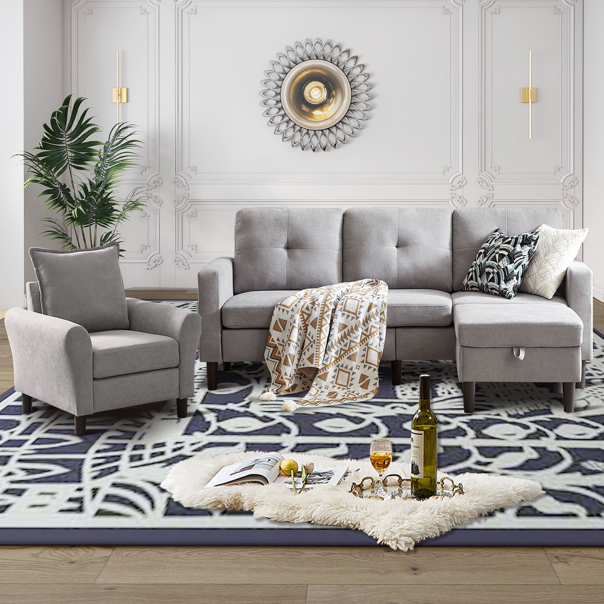 79" Convertible Sectional Sofa Set, Modern Linen Small L Shaped Couch with Reversible Chaise and Loveseat Sofa, 3-Seat Sofa Couches for Living Room, Office, Apartment, Lightgrey