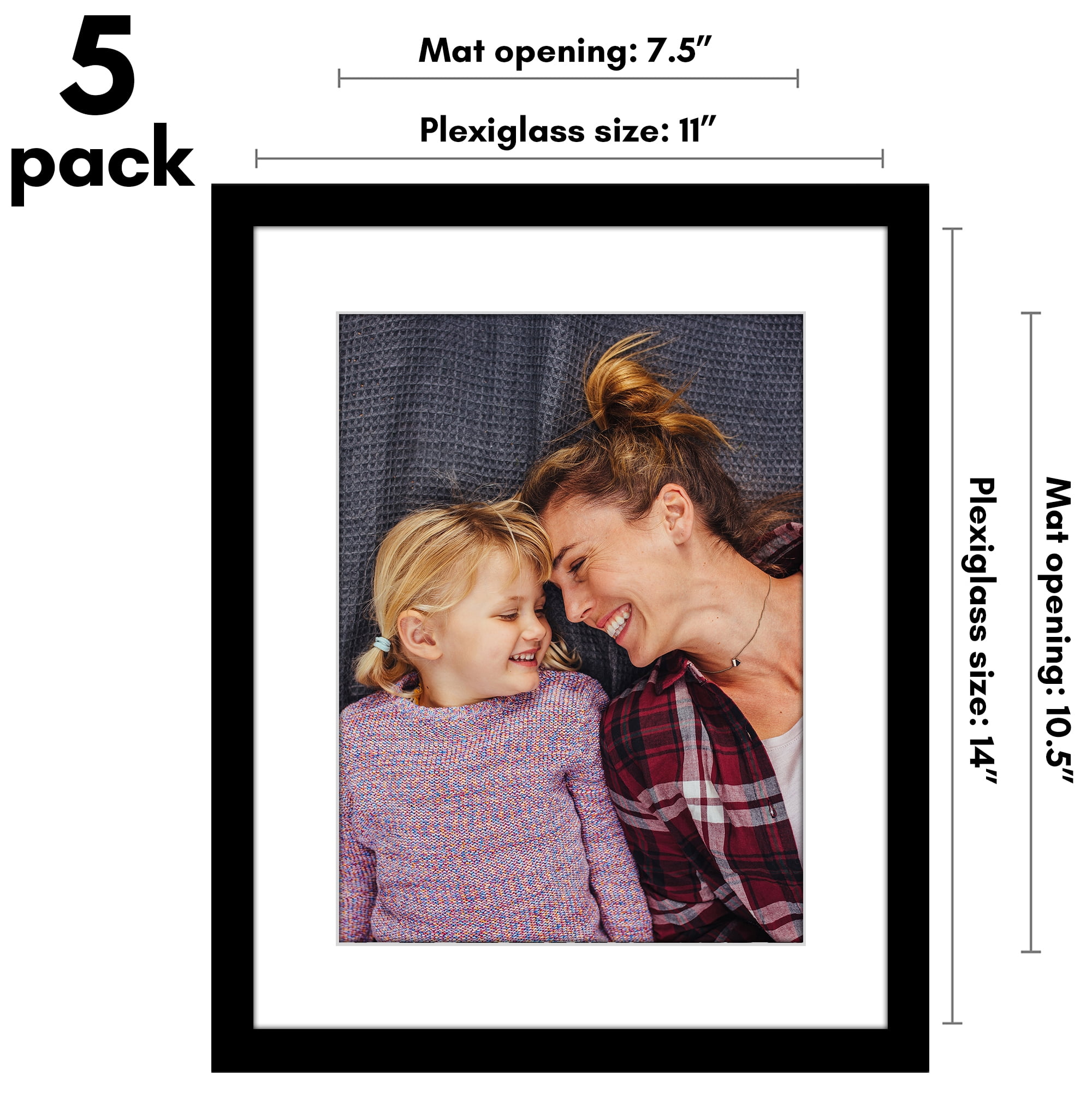 Americanflat 11x14 Picture Frame with Polished Plexiglass with 8x11 Mat 5 Pack Display Photo Galleria - Black