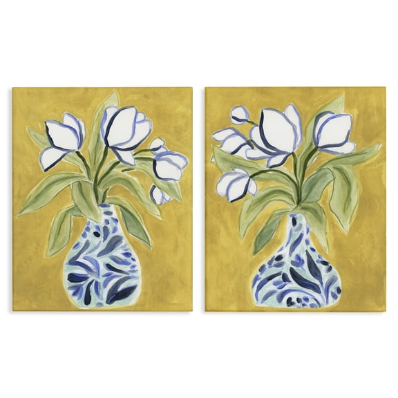 Stupell Industries Tulip Vases on Yellow Floral Painting Wrapped Canvas Canvas Art Print Wall Art, 16 x 20, Set of 2