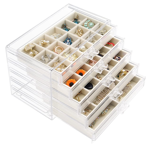Joyero acrílico con 5 cajones organizador de almacenamiento de arete transparente color beige