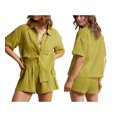thumbnail image 3 of Womens Casual 2 Piece Outfits Cotton Linen Sets Button Down Shirt Shorts 2025 Beach Coverup Set Yellow M, 3 of 7