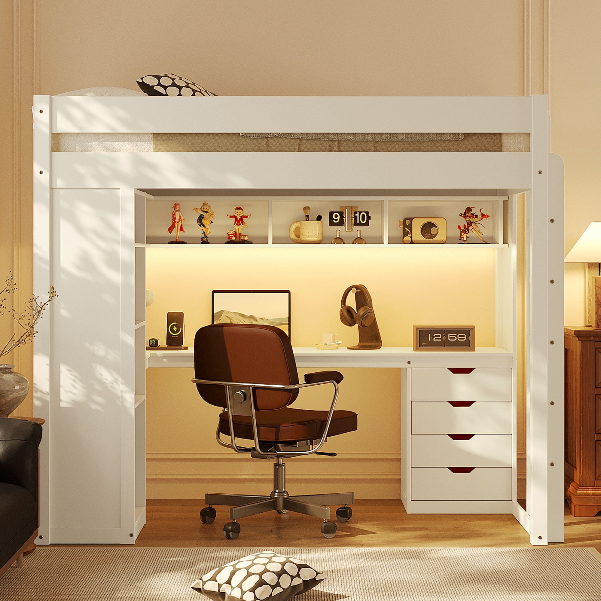 Mintazer Twin Loft Bed with L-Shaped Desk & Smart LED Lights and Charge Station, Modern Loft Bed with 4 Storage Drawers & Shelves, White