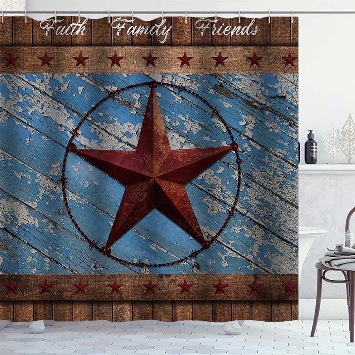 Texas Star Shower Curtain, Western Shower Curtain, Red Texas Star Lone Star Country Vintage Blue Wooden Board Rustic Farmhouse Bathroom Decor, Waterproof Fabric Shower Curtain, 72 X 72 Inch