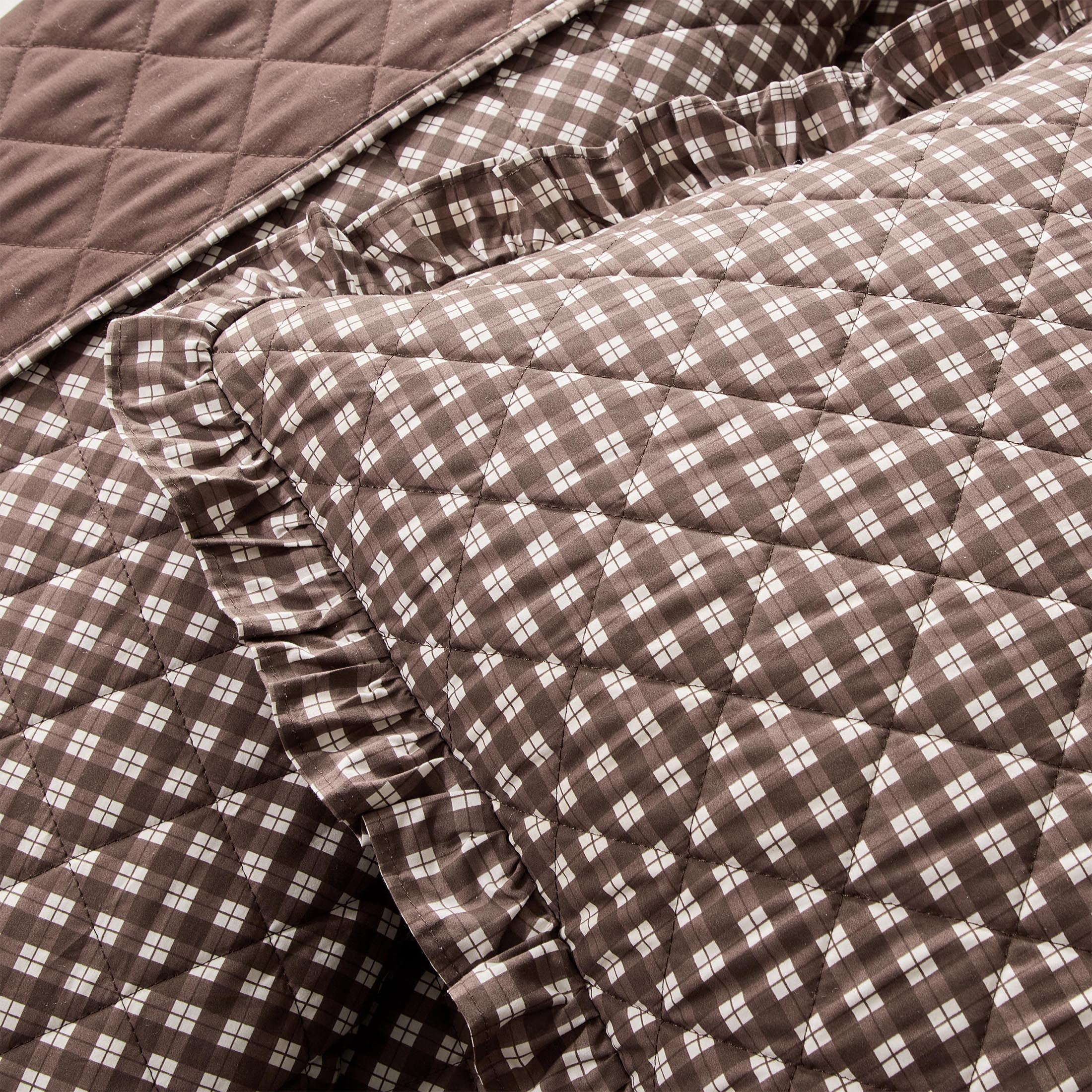 My Texas House Gingham Ruffle 3-Piece Brown Adult Quilt Set, Full/Queen