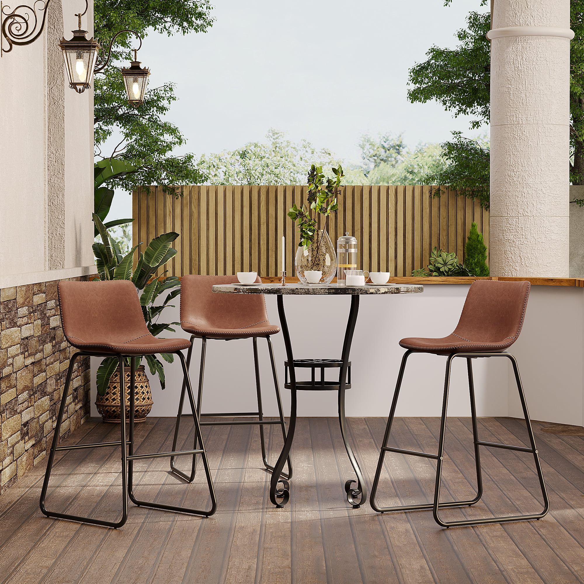 Aufeile 26" Counter Height Bar Stools Set of 3 – Modern Faux Leather Barstools with Back & Metal Legs, Kitchen Bar Chairs for Island, Dining Room, Dark Brown