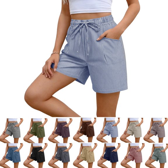 Women's 100% Cotton Shorts Stripes Summer Wide Leg Baggy Comfortable Elastic Waist Drawstring Gym Beach Basketball Shorts Blue S-2XL