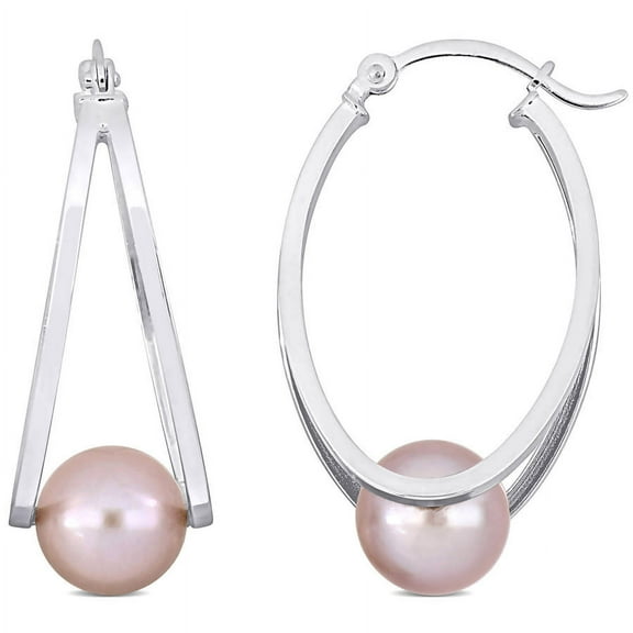 AMOUR 8-8.5mm Freshwater Cultured Pink Pearl Hoop Earrings In Sterling Silver