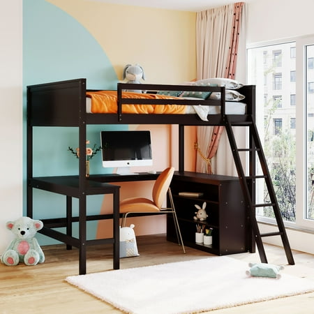 Full Size Loft Bed with Storage Shelves and Desk  Wooden Loft Bed with Safety Guardrail and Angle Ladder for Bedroom  Loft Bed Frame for Toddlers Kids Teens Adults  No Box Spring Needed  Espresso
