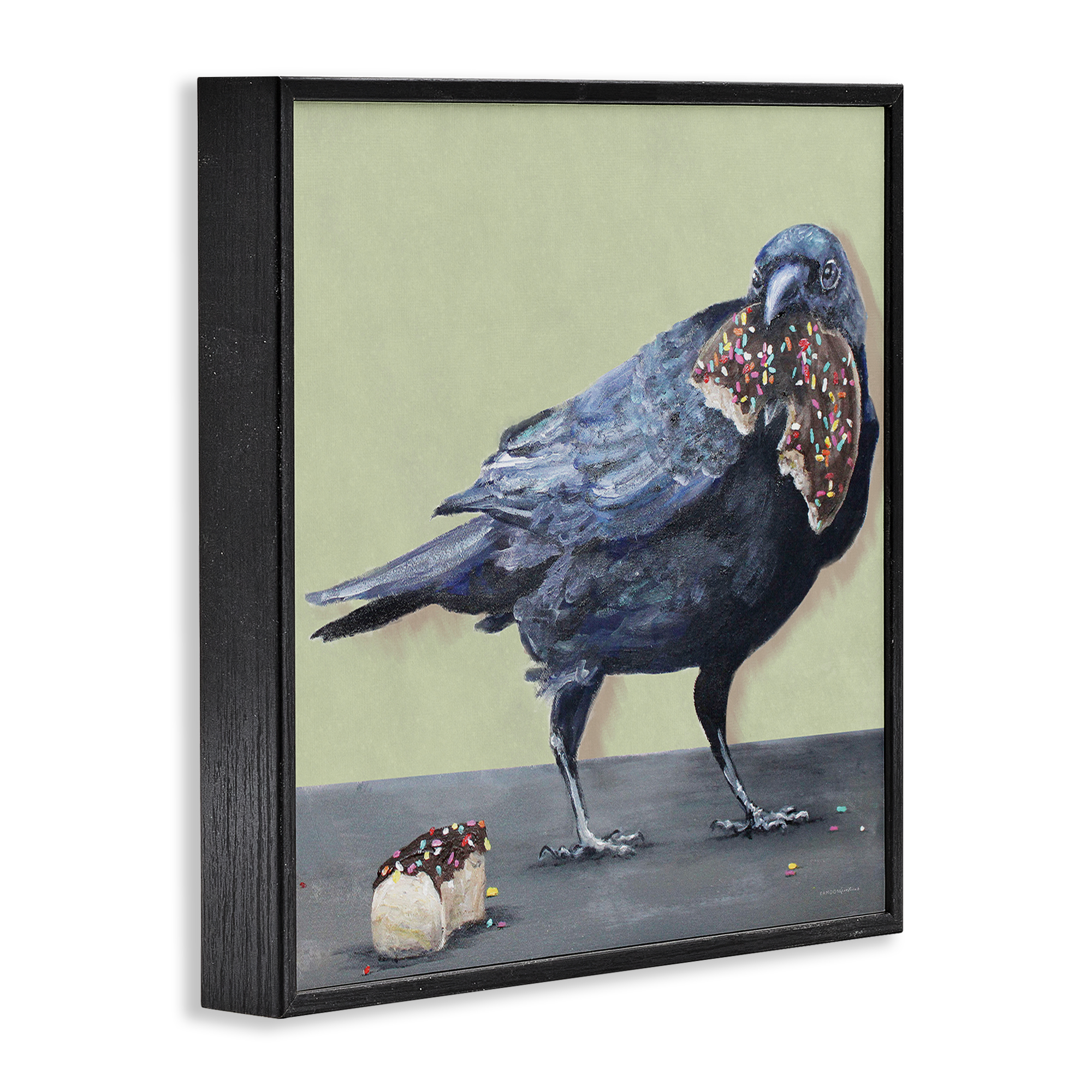 Stupell Industries Crow Eating Donut Food & Beverage Painting Black Framed Art Print Wall Art, 24 x 24