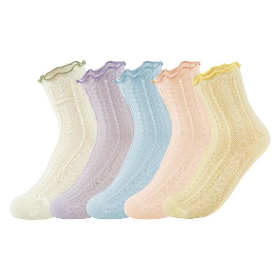 Womens Casual Frilly Socks Cute Cotton Ruffle Turn-Cuff Lettuce Crew Socks Thin Breathable 5 Pairs