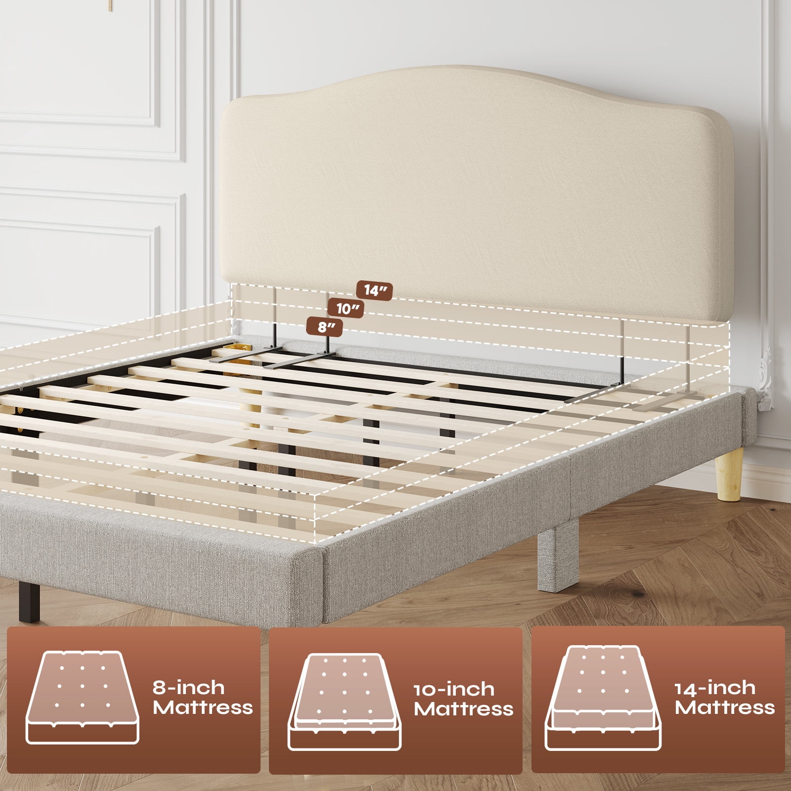 Pinmoco Upholstered Headboard for Twin Bed, Height Adjustable and Memory Foam Arc-shaped Head Board, Beige