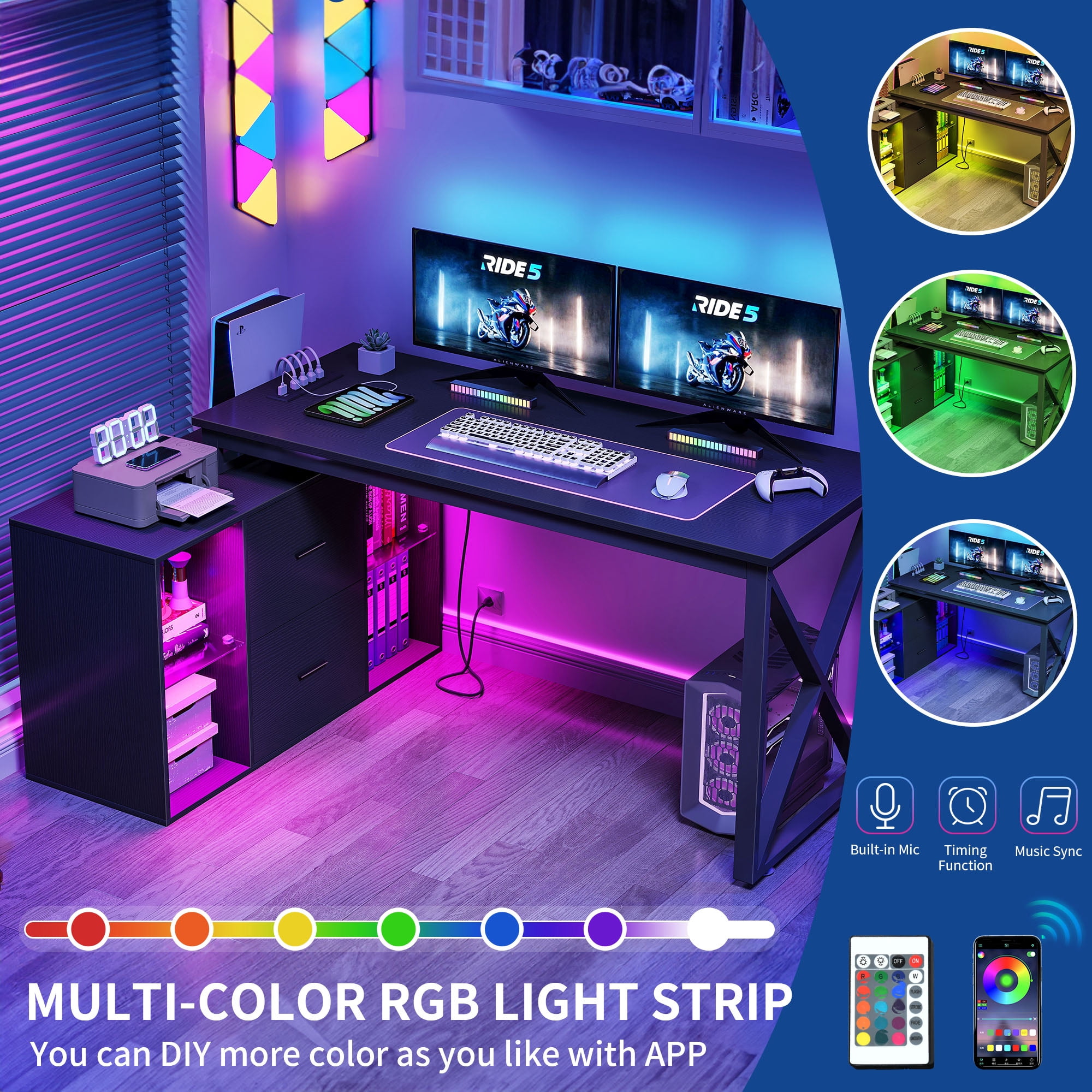 Dextrus L Shaped Desk with LED Light & Power Outlets, 55 inch Reversible Corner Desk with File Cabinet & Storage Shelves, Computer Desk Office Desk Writing Desk for Home Office, Black