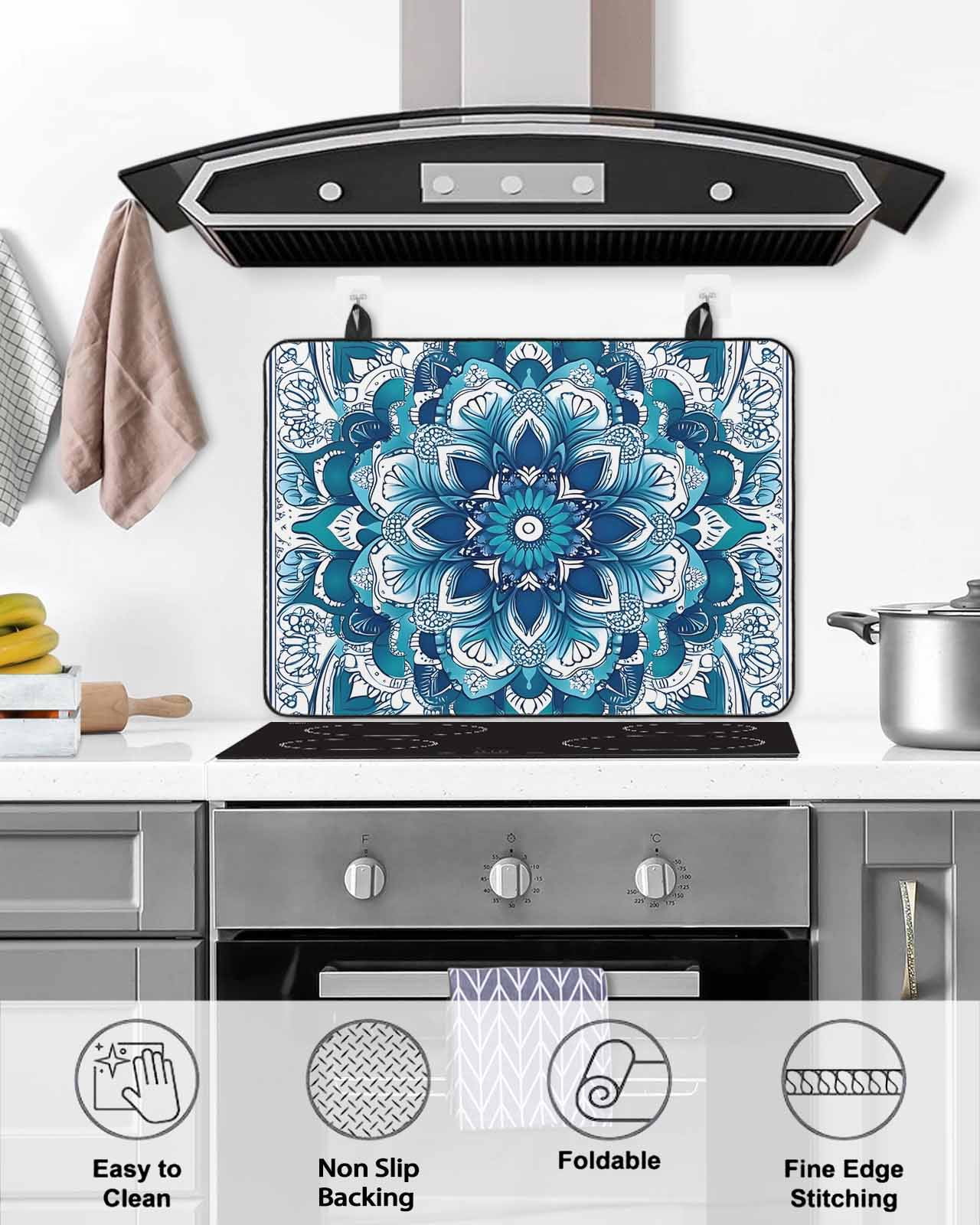 nqOlkjepod Large Induction Cooktop Protector Mat 24"x21", Teal Blue Floral Boho Stove Top Covers for Electric Stove, Abstract Tribal Ethnic Flowers Stove Burner Cover Mats, Glass Top Stove Cover
