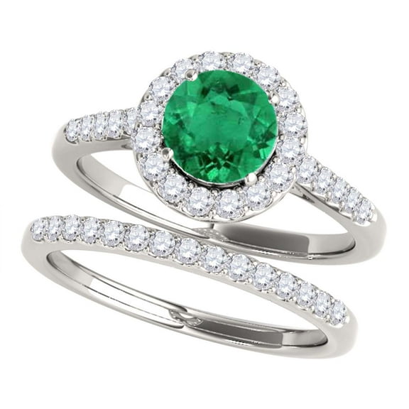 Mauli Jewels Engagement Rings for Women 1.40 Carat Halo Emerald And Diamond Bridal Set 4 Prong-Setting 14k White Gold