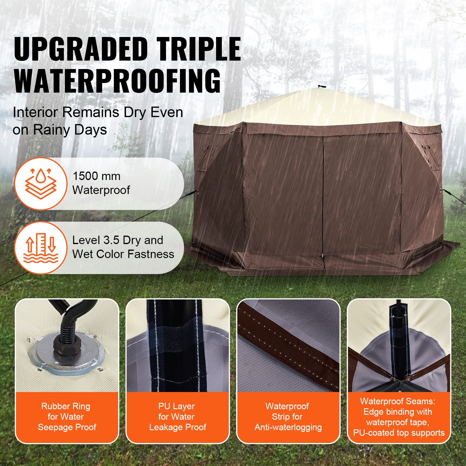 KFFKFF Pop-Up Gazebo Tent, 6-Sided Canopy Sun Shelter with Removable Privacy Panels & Mesh Windows, 12.5x12.5FT Quick Setup Screen Tent with Mosquito Netting, Brown