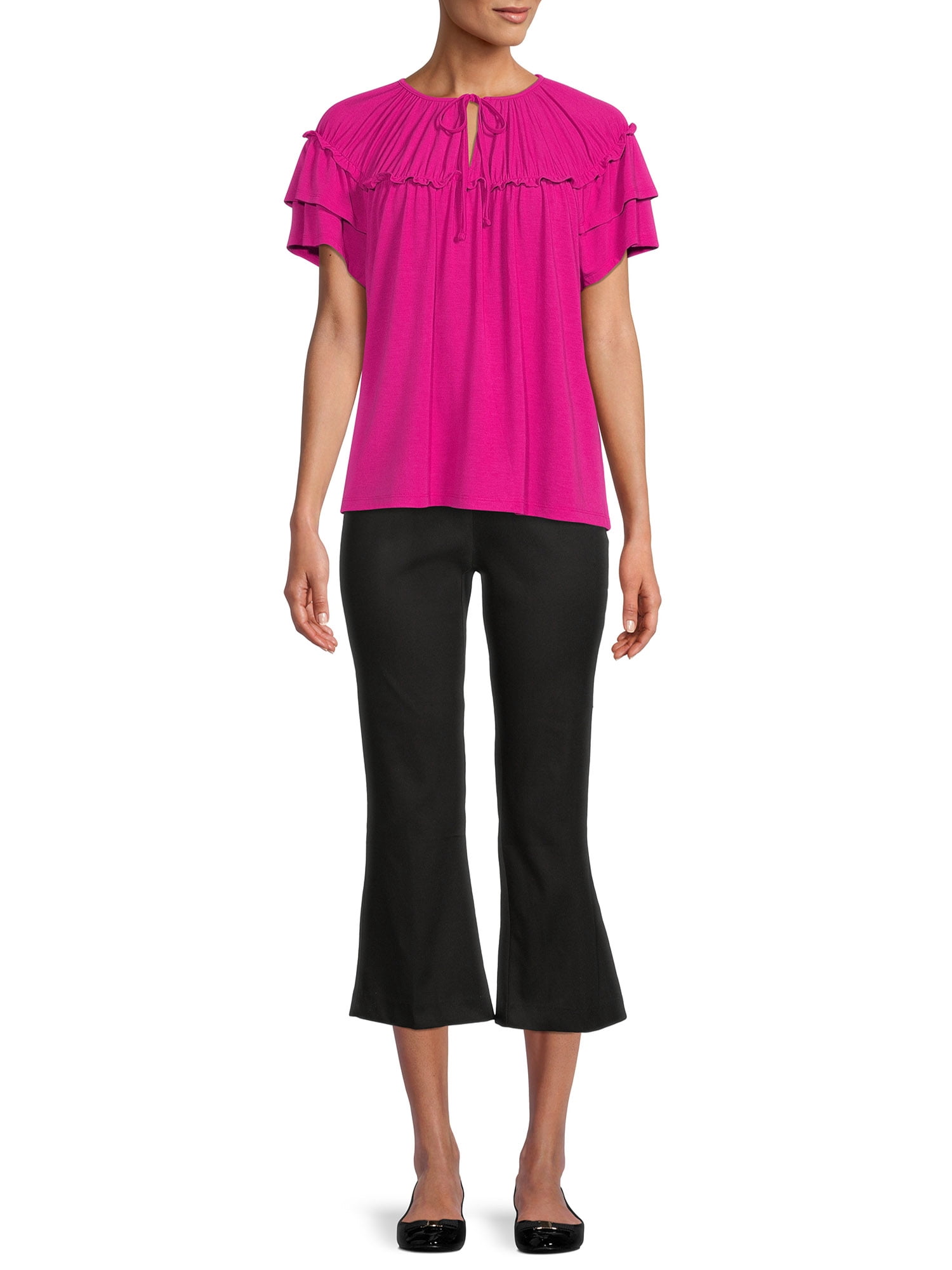 Time and Tru Women's Gathered Top with Flutter Sleeves