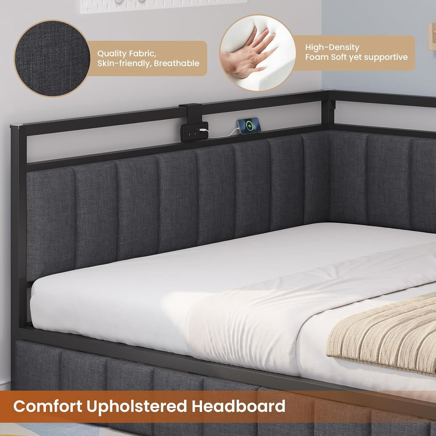 Queen Size Corner Bed Frame with 2 Storage Drawers&Charging Station&LED Lights, Queen Upholstered Platform Bed Frame Daybed for Bedroom, Gray