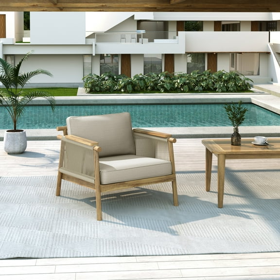 Christopher Knight Home Boho Outdoor Rope Club Chair with Cushion, Solid Wood Frame, Teak Beige