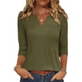 thumbnail image 2 of DeHolifer Shirts for Women Button Down 3/4 Sleeve Tops Pleated V-Neck Blouses Dressy Casual Basic Tunic Trendy Outfits Army Green M, 2 of 8