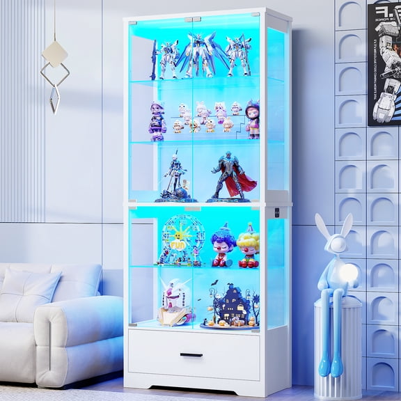 MIIFUNY 71" Display Cabinet with Glass Doors, 5-Tier Curio Cabinet with Drawer for Collectibles, Display Case with 3-Color Lights & Human Body Sensor, Adjustable Glass Shelves, Storage Cabinets, Whit