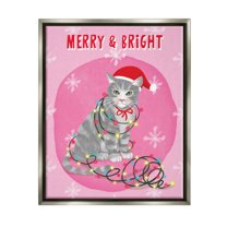 Stupell Industries Merry & Bright Christmas Cat Lights Graphic Art Luster Gray Floating Framed Canvas Print Wall Art, Design by Be Ni La