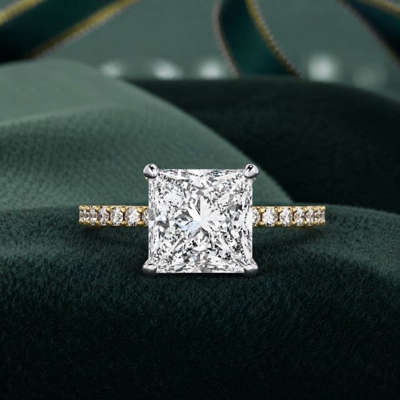 GIMELIS 2.28 CT IGI Certified Princess Cut Lab Grown Diamond Hidden Halo Ring in Yellow Gold