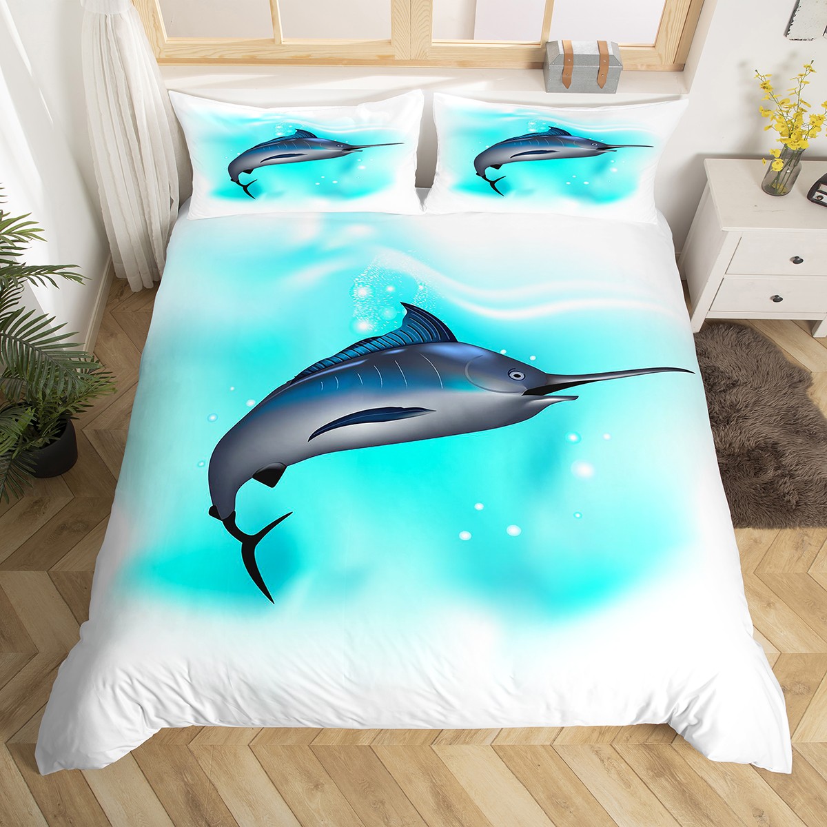 YST Navy Marlin Duvet Cover Full Ocean Theme Bedding Set, Cute