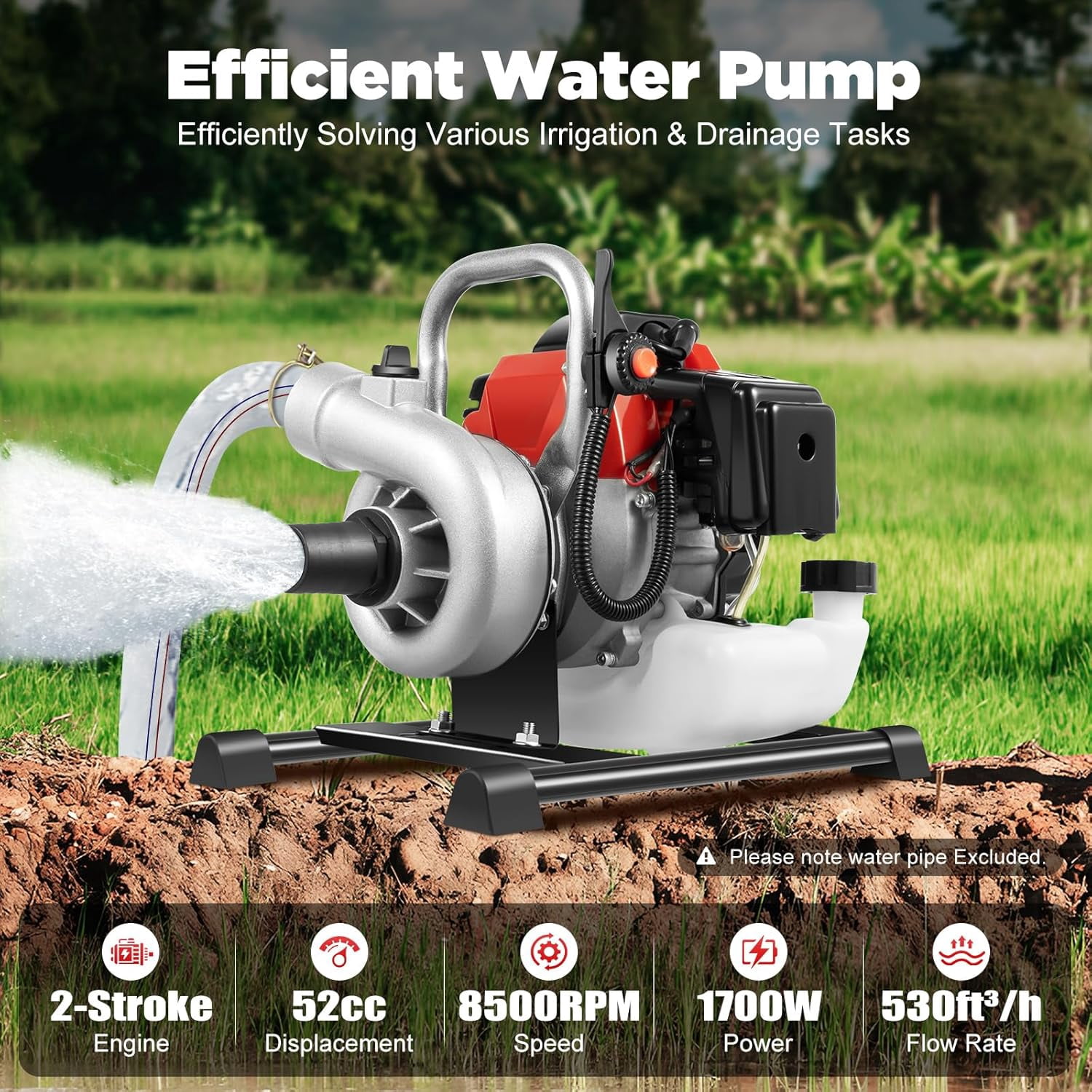 Miumaeov 2.3HP 2 Stroke Gas Gasoline Water Pump,1.5" Inch Petrol Water Transfer High Pressure Pump, 52CC Trash Pump 8500RPM Air Cooling Single-cylinder for Irrigation Pool