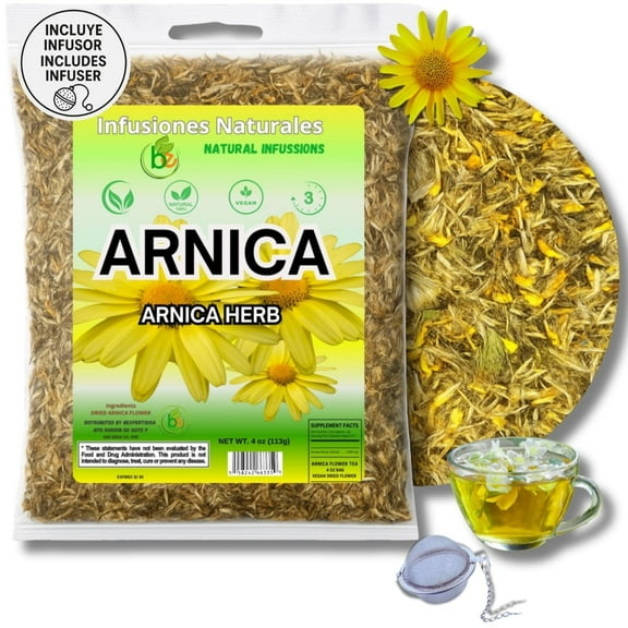 Arnica Flor Herbal Tea – 4 oz (113g) Loose Leaf + Stainless Steel Tea Infuser – 100% Natural – Caffeine-Free, Non-GMO, Gluten-Free, Vegan – Wildcrafted from Mexico – Te Con Infusor, by BexpertsUSA