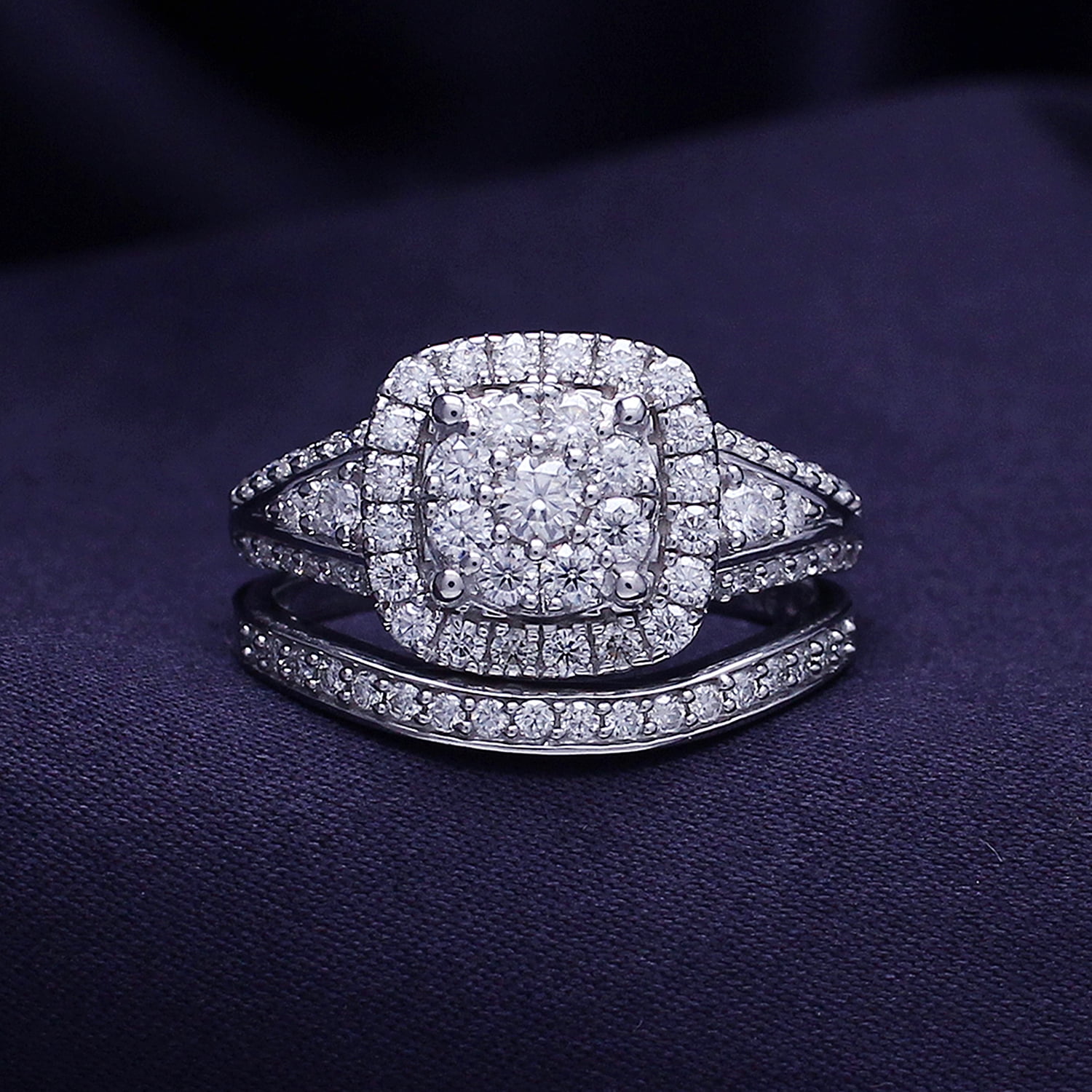 AFFY 1.25 Carat Round Moissanite Diamond Halo Bridal Set Wedding Ring 14k White Gold over Silver-7