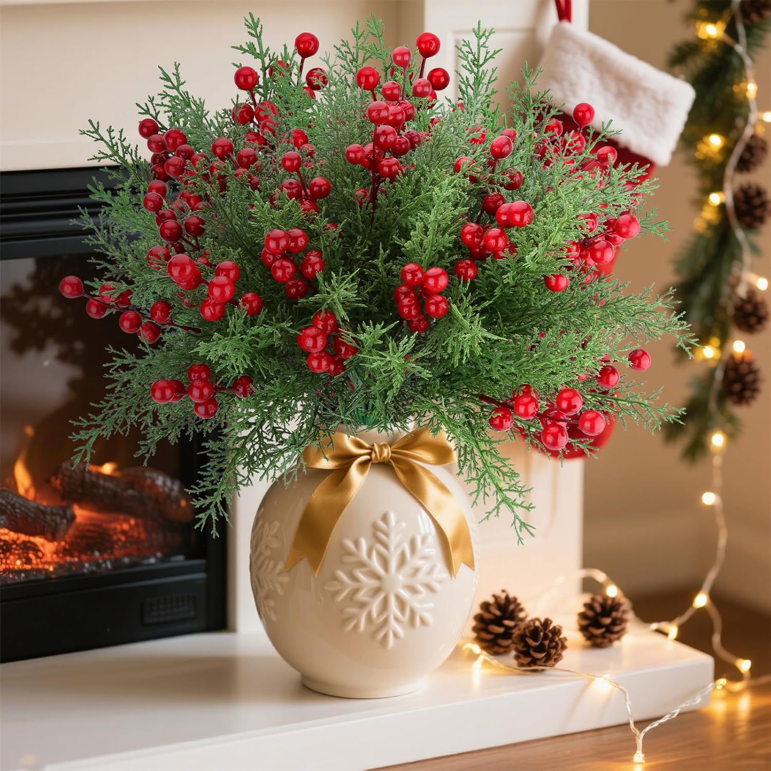 Minibee 8 Bundles Fake Pine Branch Christmas Flowers with Berries, Realistic Christmas Flowers Artificial for Holiday Home Styling