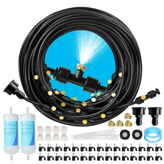 100FT Mister for Outside Patio Misting Cooling System, 100FT (30M) Misting Line 32 Brass Mist Nozzles Water Filter, Outdoor Mister System for Garden Greenhouse Trampoline Waterparke
