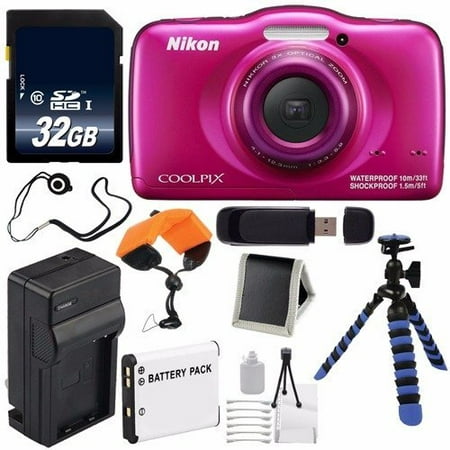 Nikon COOLPIX S33 Digital Camera (Pink) International Model No Warranty + Replacement Battery + External Charger + 32GB Card + Floating Strap + 12-Inch Flexible Tripod + USB Reader + Memory Card