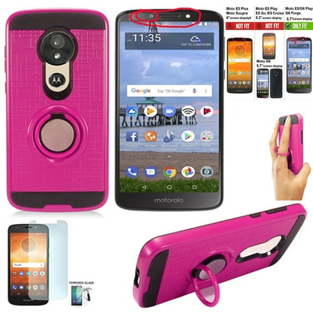 Phone Case for Walmart Family Mobile Motorola e5 Prepaid / Moto G6 Play Case (Not for Moto G6 / G6-XT) / ShockProof Dual Layered Ring Stand Cover (Ring-Stand Pink / Tempered Glass)