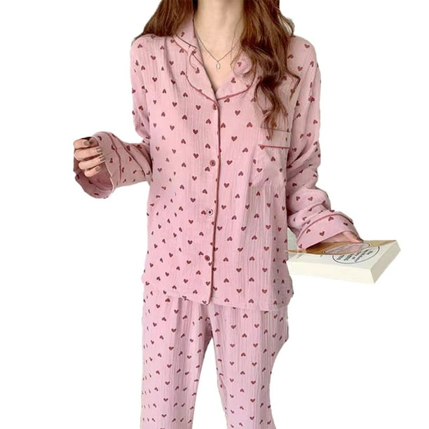 Women Pajama Set Button Up Long Sleeve Heart Pattern Turn Down Collar Loose Soft Women Sleepwear for Spring Autumn Home Pink L