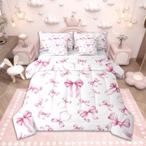 Homewish Chic Bow Knot Ribbon Bedding Comforter Set 7-Piece, Black Pink King Bedding Sets for Girls, Princess Style Bed Sheets, Lightweight Room Decor