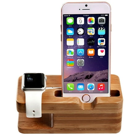 Support de charge en bois de bambou pour Apple Watch et IPhone X/ 8/8 Plus/  7 Plus 6 6 Plus 5S 5, design robuste et ferme (marron clair)